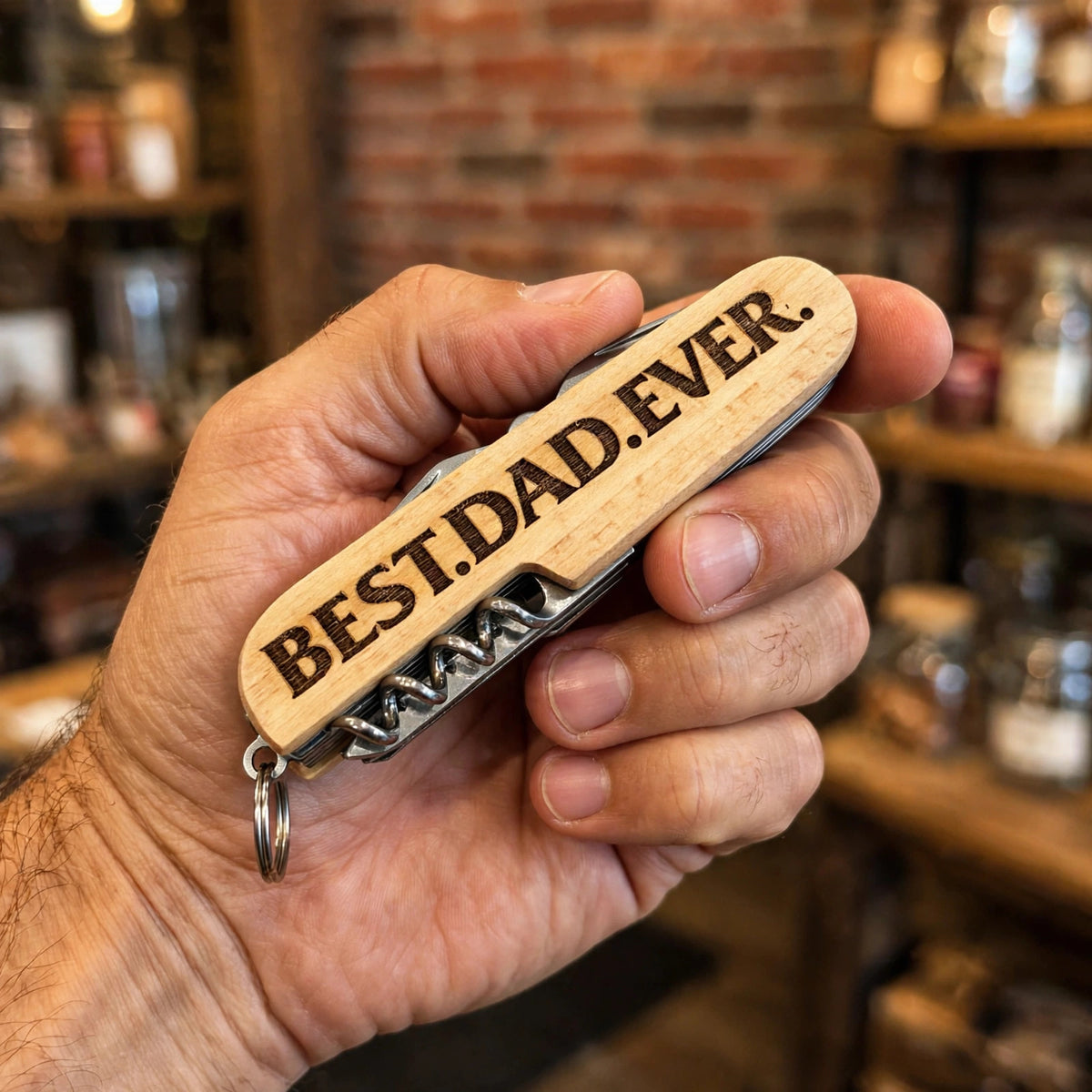 Best Dad Ever Engraved Pocket Knife held in hand for scale