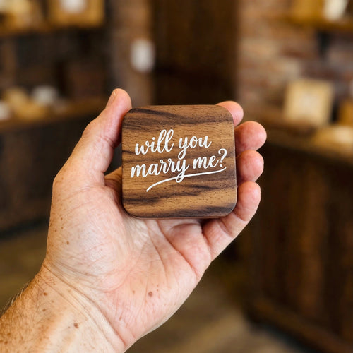 Will You Marry Me Engraved Proposal Box held in hand for scale