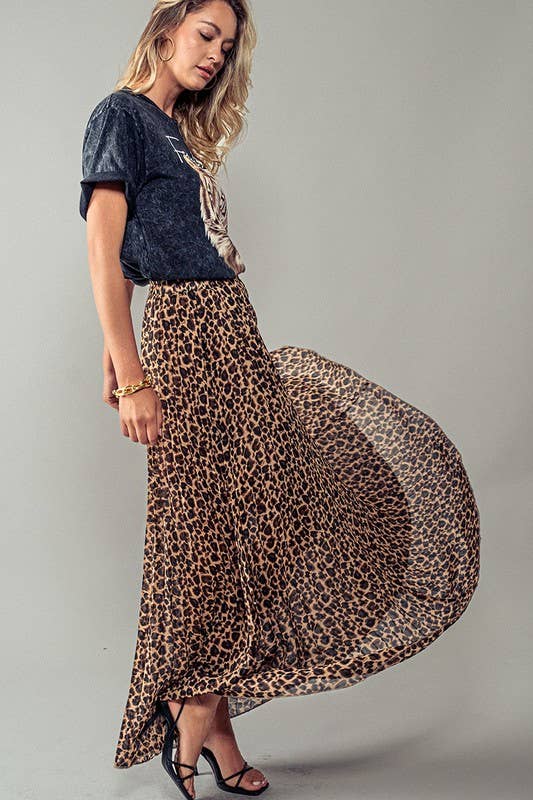 Leopard Animal Print Pleated Midi Skirt