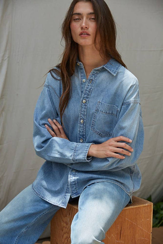 Woven Cotton Chambray Denim Button-Down Shirt