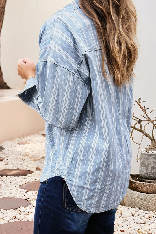 Stripe Boyfriend Chest Pocket Classic Denim Shacket, view 2