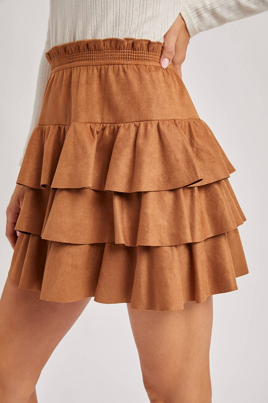 FAUX SUEDE TIERED RUFFLE PAPERBAG WAISTBAND MINI SKIRT
