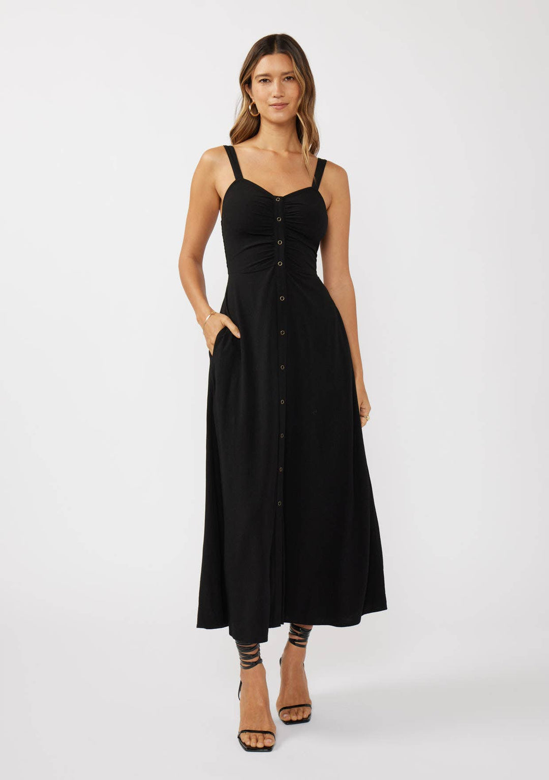 V-Neck Ruched Button Down Maxi Dress