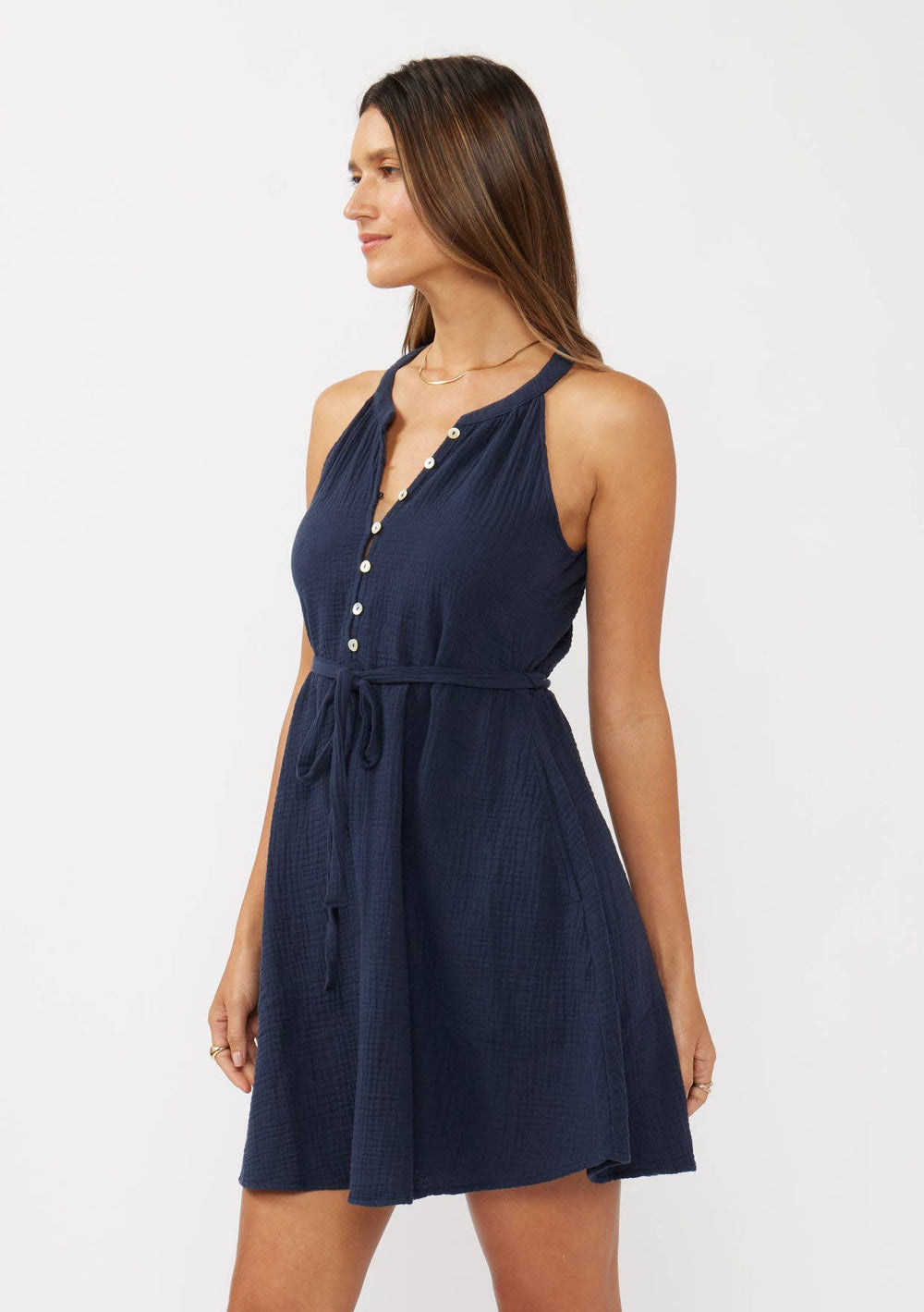 Sleeveless Button-Front Mini Dress with Waist Tie