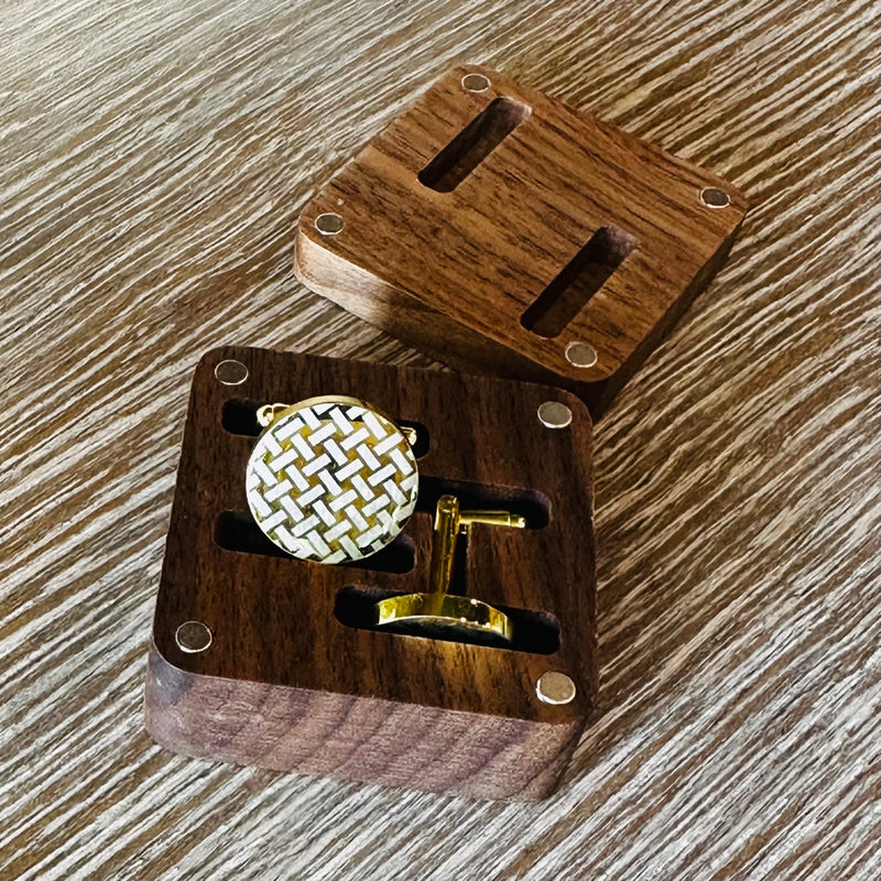 Gold Basketweave Cufflinks in Walnut Box