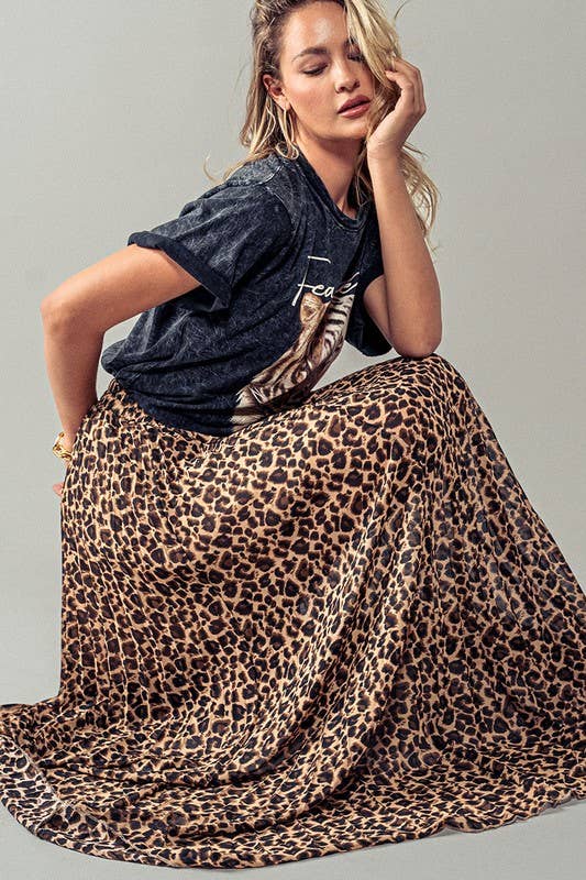 Leopard Animal Print Pleated Midi Skirt