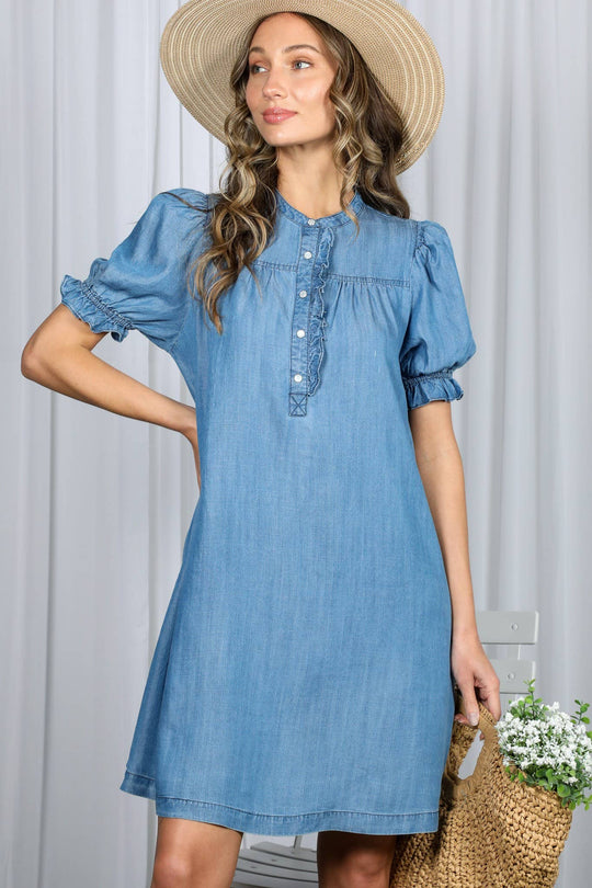 Ruffle Detail Chambray Tencel Mini Dress