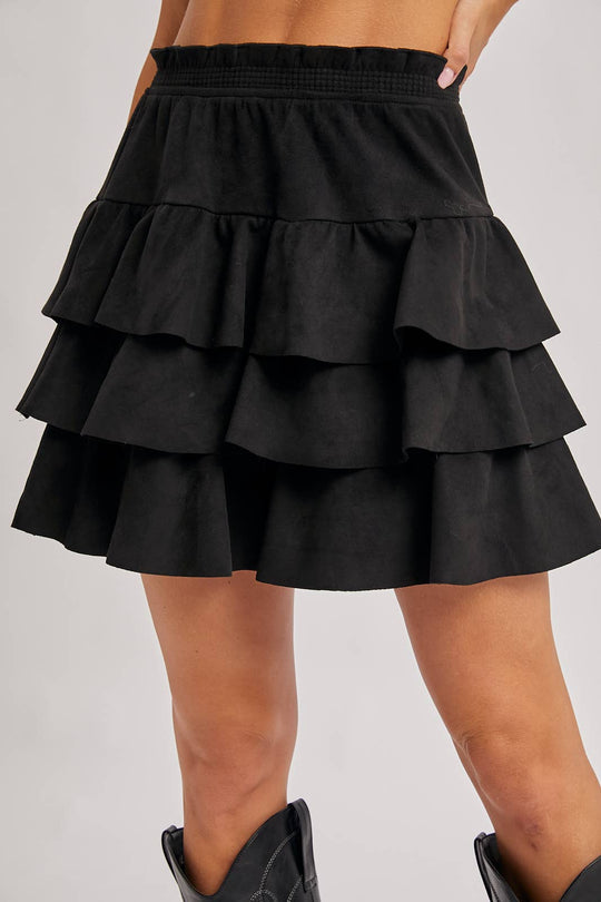 FAUX SUEDE TIERED RUFFLE PAPERBAG WAISTBAND MINI SKIRT