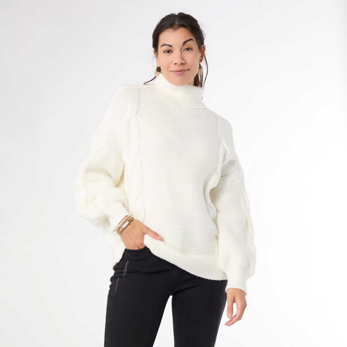 Hennie Cable Knit Turtleneck Sweater - Cozy Ribbed Winter Pullover for Layering