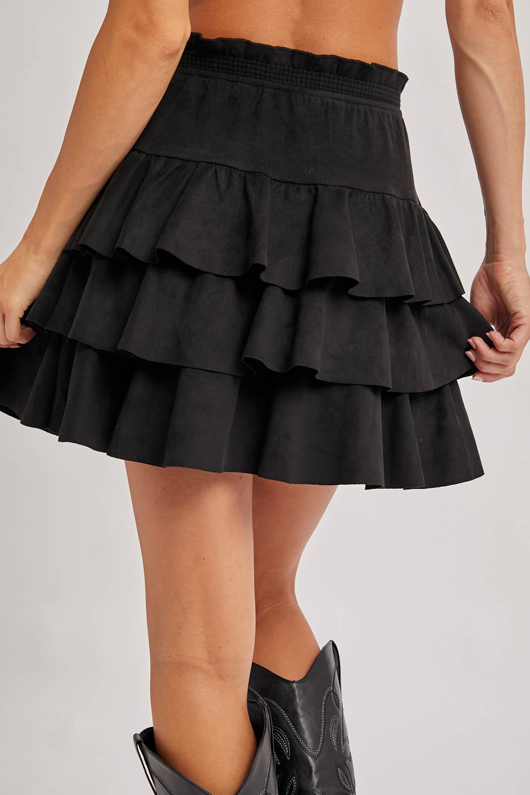 FAUX SUEDE TIERED RUFFLE PAPERBAG WAISTBAND MINI SKIRT, view 16
