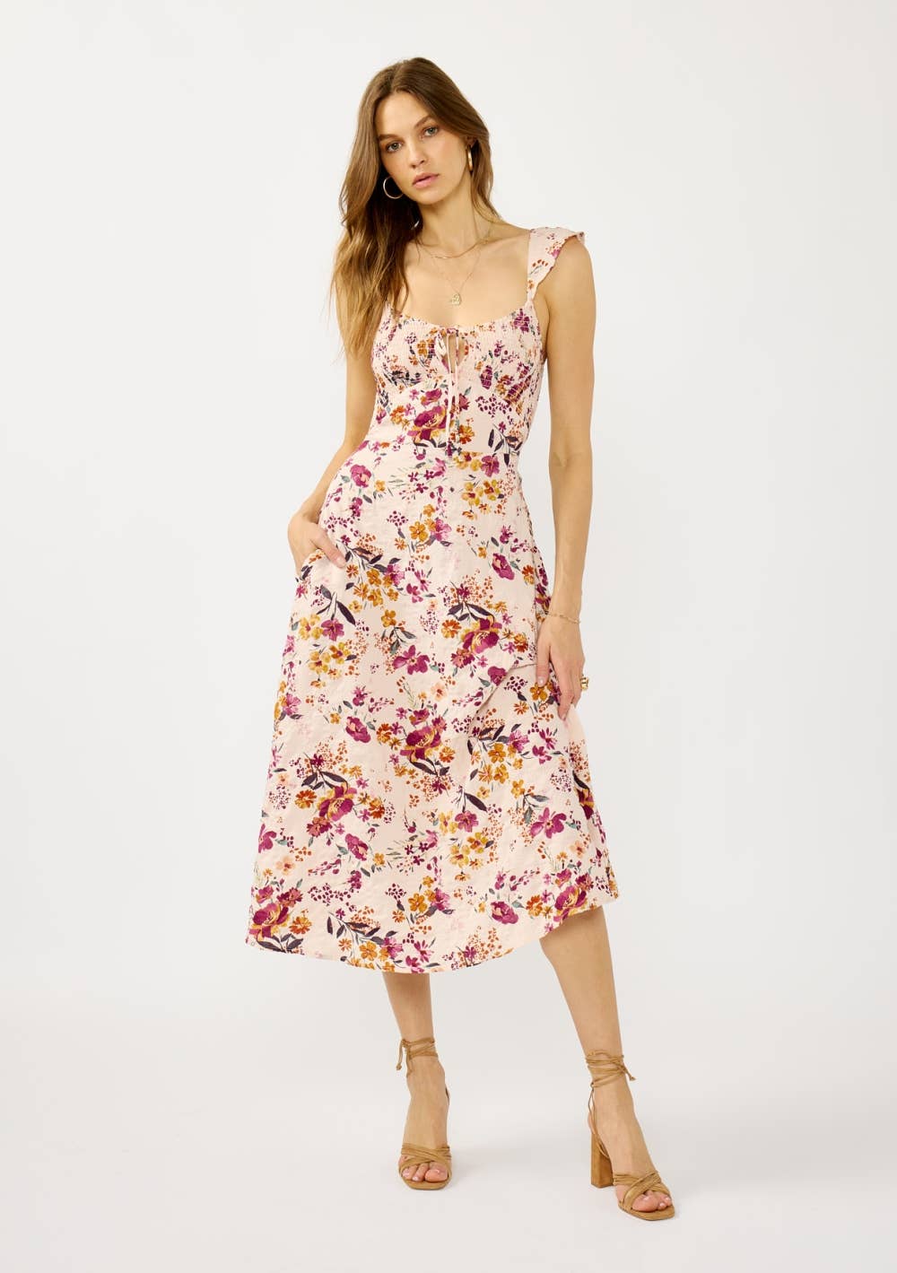 Lace-Up Smocked Bodice Midi Dress, view 5