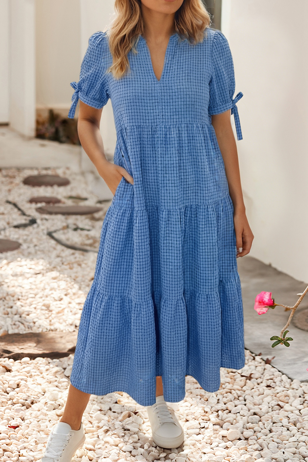 Bow Sleeve Gingham Midi Dress, view 4