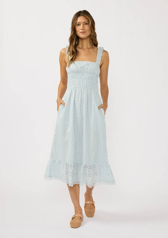 Smocked Bust Floral Eyelet Midi Dress