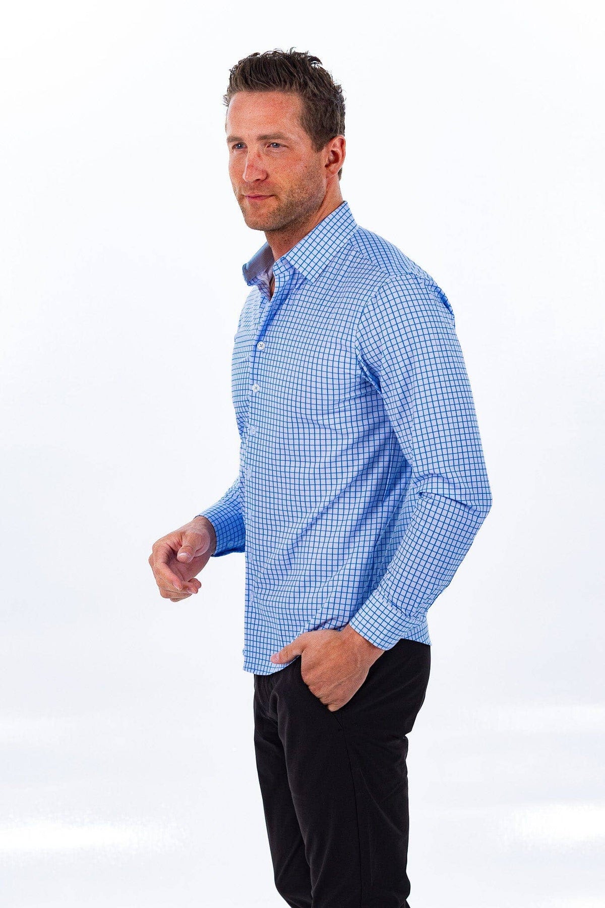 Hustle Sport Shirt - Long Sleeve - Double Blue Mini Grid, view 12