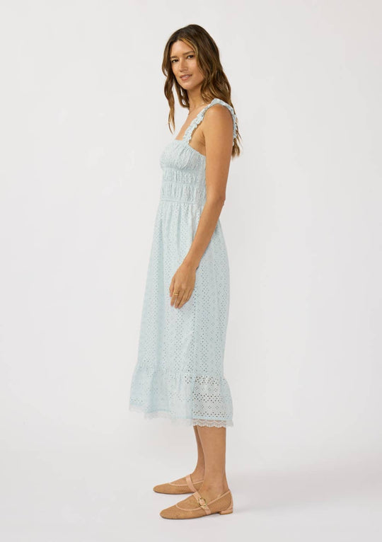 Smocked Bust Floral Eyelet Midi Dress