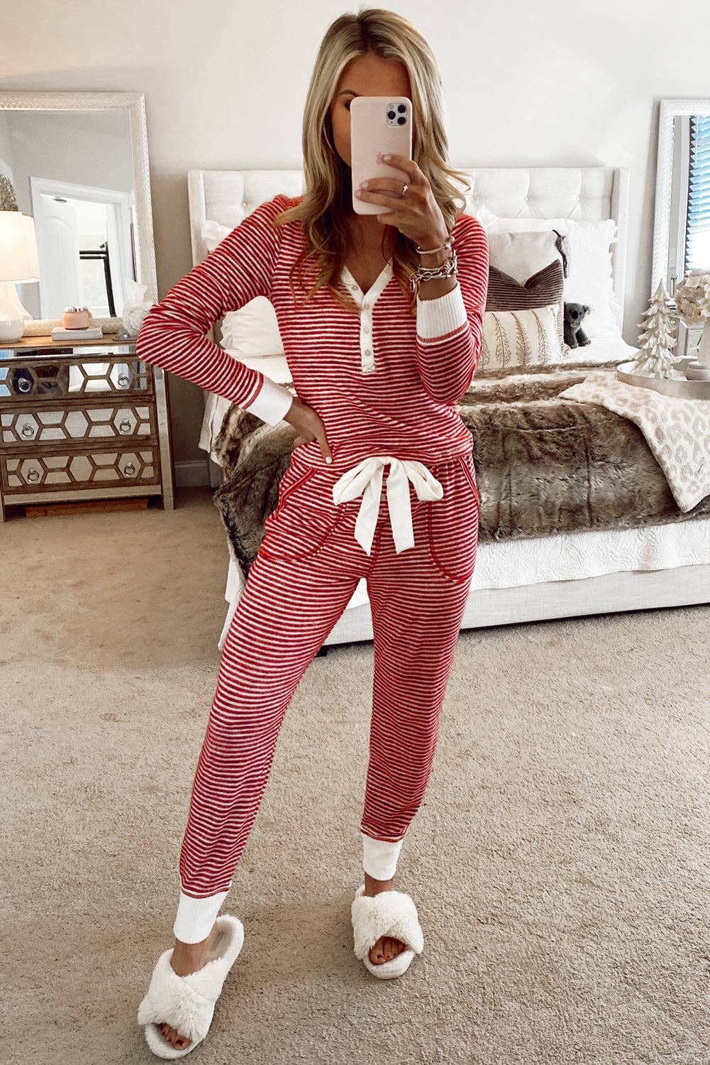 Seren Striped Christmas Pajama Set Rust Refined