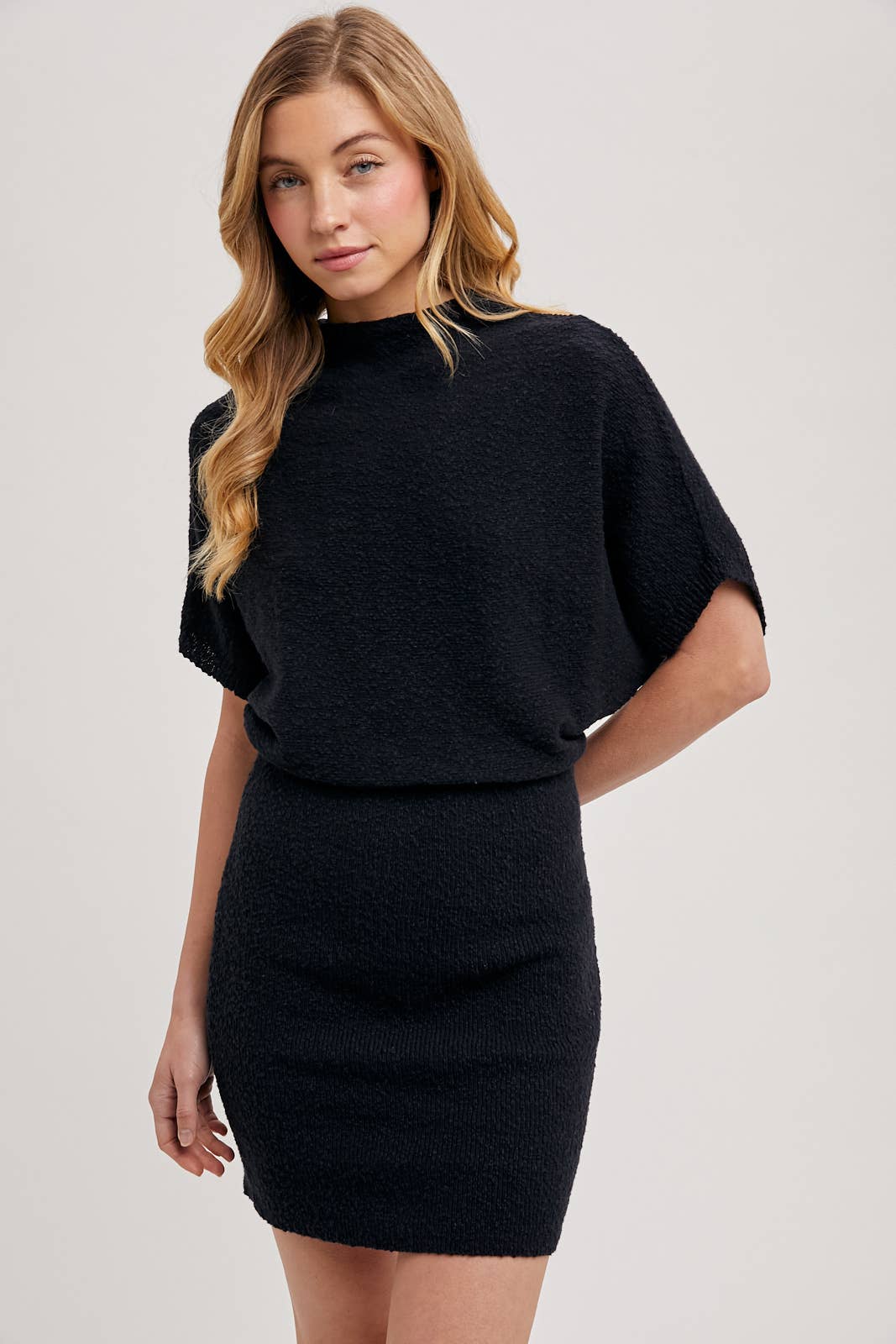 MOCK NECK DOLMAN SLEEVED KNIT SWEATER MINI DRESS, view 2