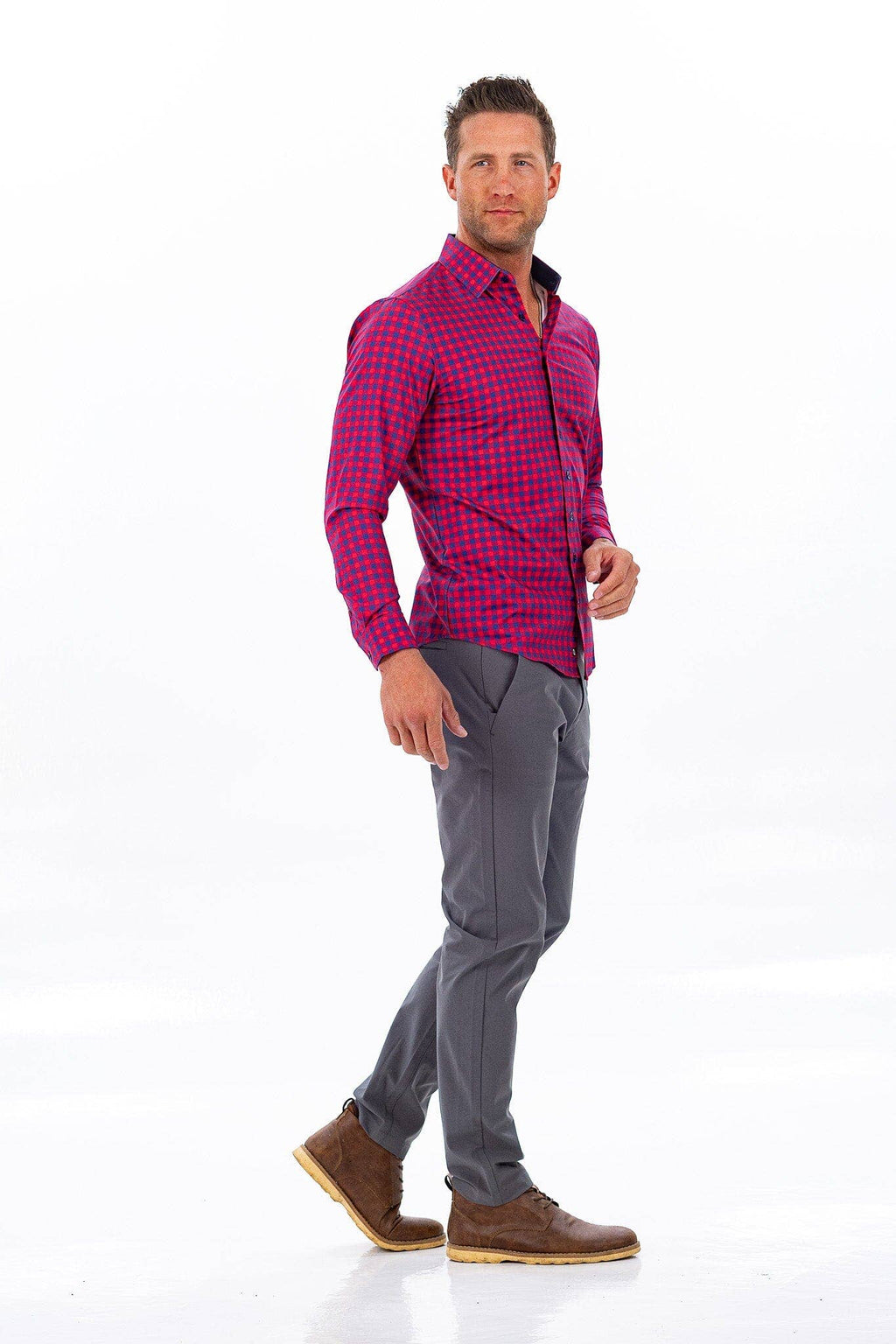 Hustle Sport Shirt - Long Sleeve - Red Navy Gingham, view 14