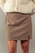 Houndstooth Checkered Mini Skirt with Elegant Slit, view 2