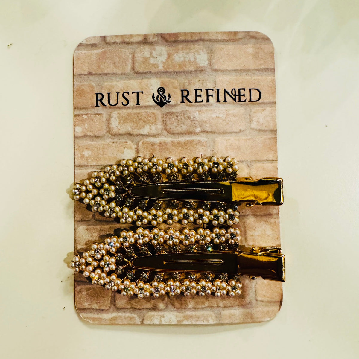 Pearl Hair Clip Set on Rust and Refined display card