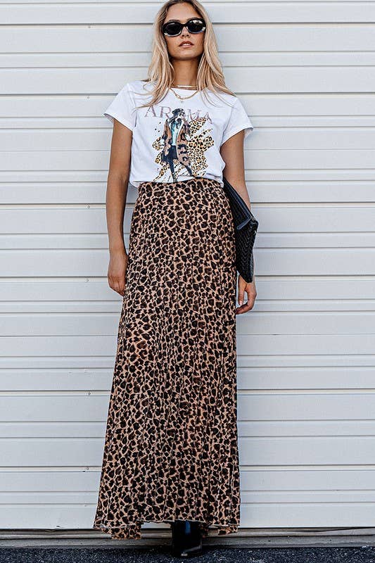Leopard Animal Print Pleated Midi Skirt