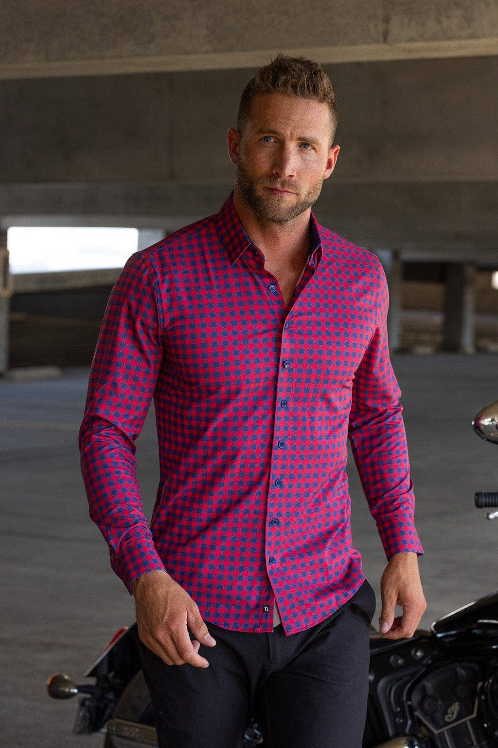 Hustle Sport Shirt - Long Sleeve - Red Navy Gingham, view 3
