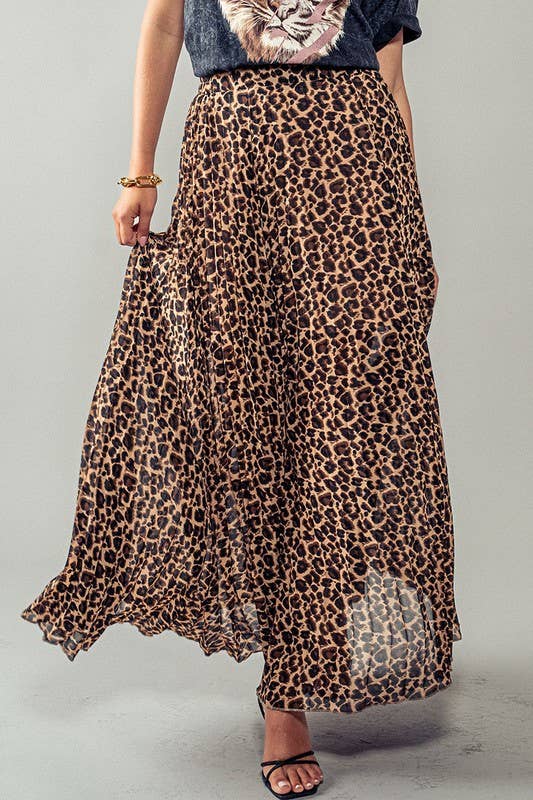 Leopard Animal Print Pleated Midi Skirt