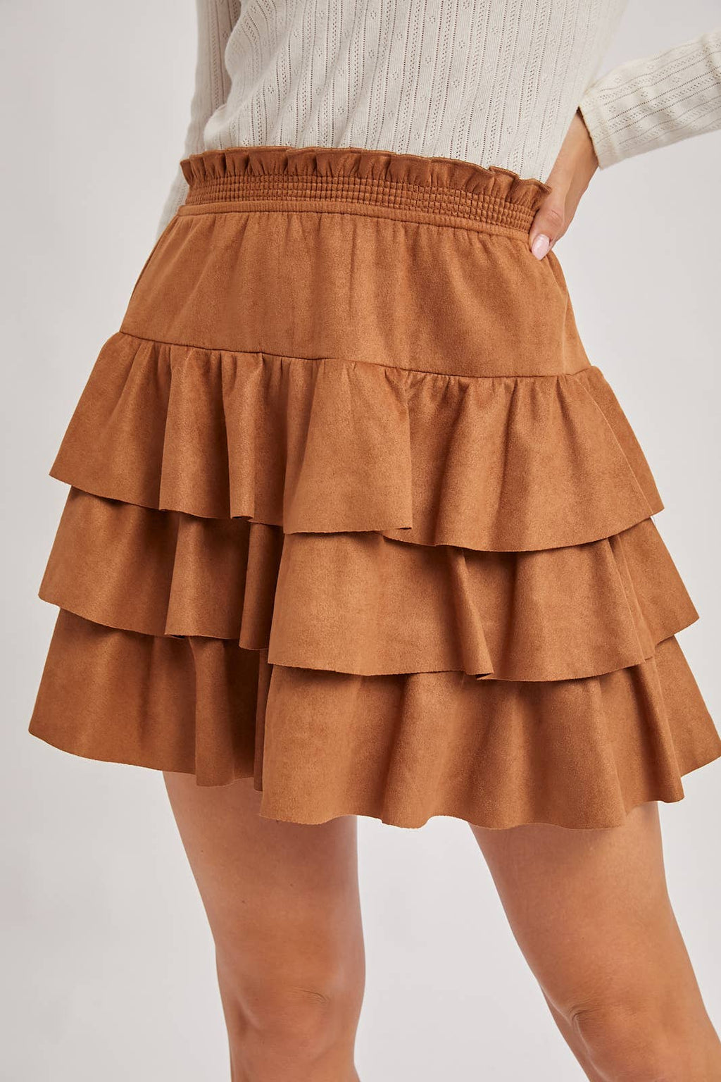 FAUX SUEDE TIERED RUFFLE PAPERBAG WAISTBAND MINI SKIRT
