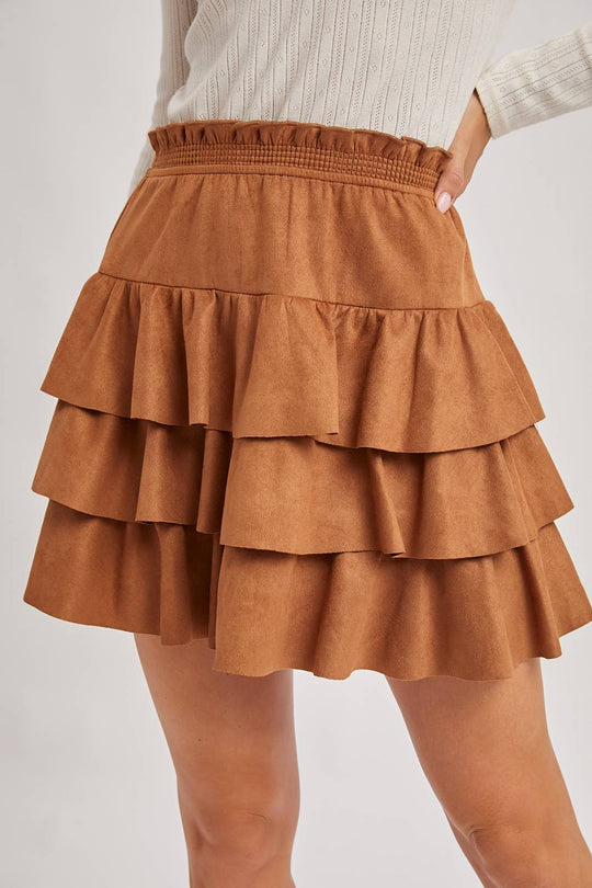 FAUX SUEDE TIERED RUFFLE PAPERBAG WAISTBAND MINI SKIRT