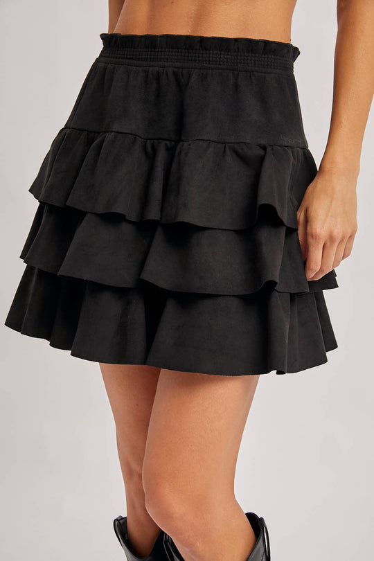 FAUX SUEDE TIERED RUFFLE PAPERBAG WAISTBAND MINI SKIRT