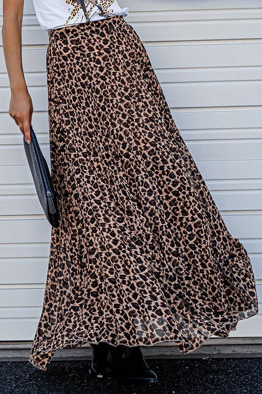 Leopard Animal Print Pleated Midi Skirt