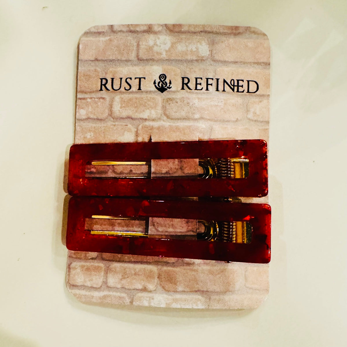 Red Tortoise Hair Clip Set on Rust and Refined display card