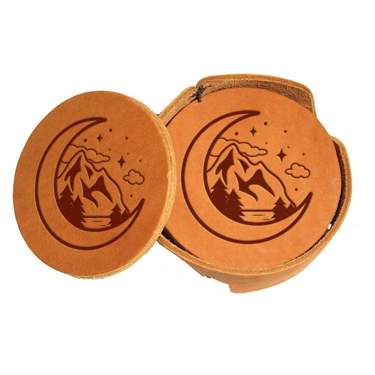 Oowee - Moon & Mountains Leather Round Coasters with Holder - Set of 4