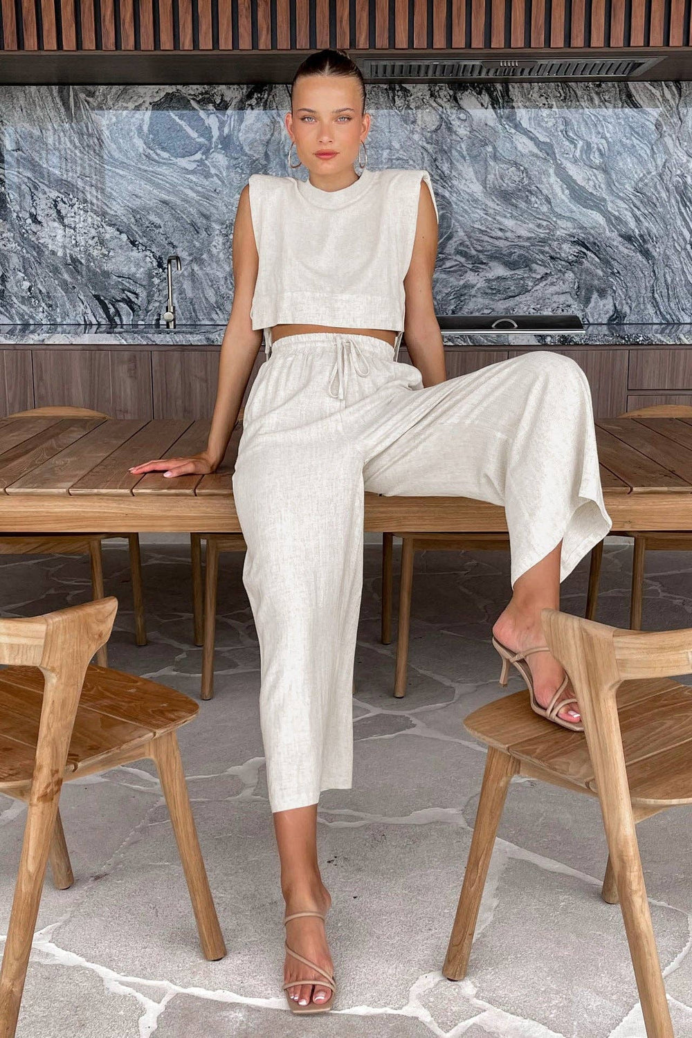 Linen Sleeveless Crop Top and Pants 2PCS Set