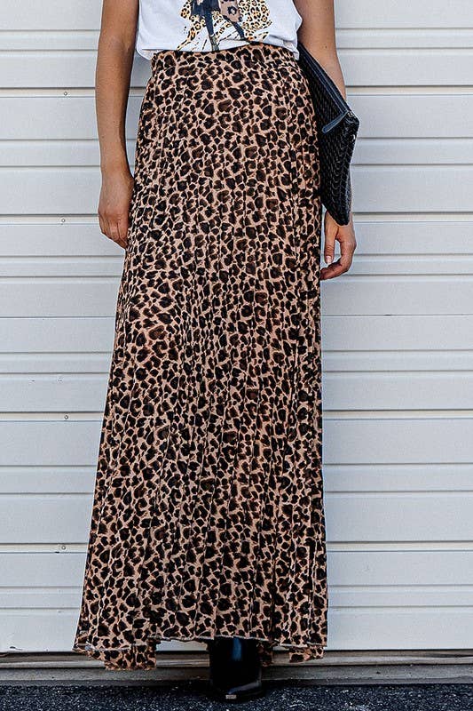 Leopard Animal Print Pleated Midi Skirt