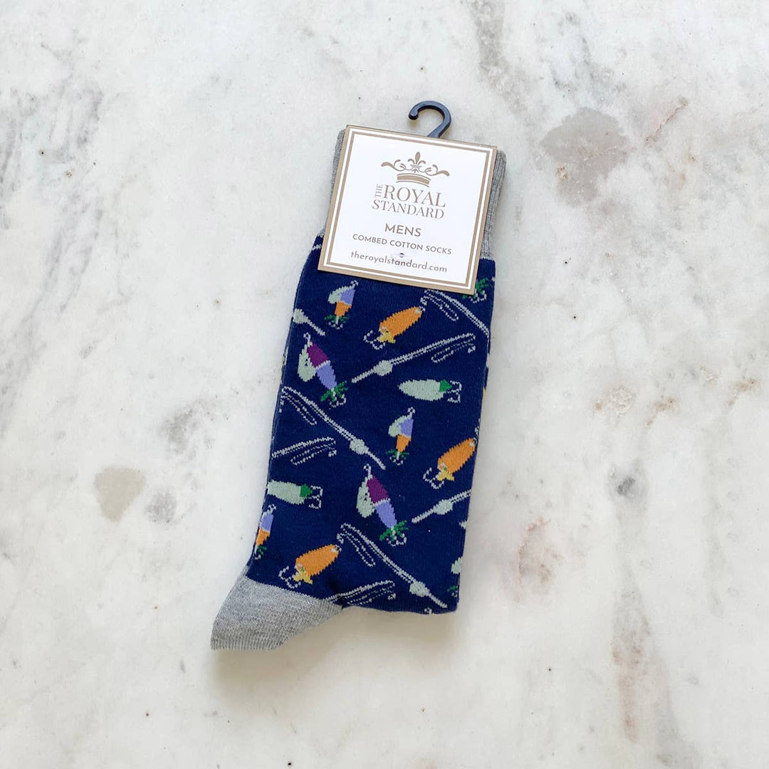 Men's Hook Line And Sinker Socks   Navy/Gray/Orange/Blue   One Size