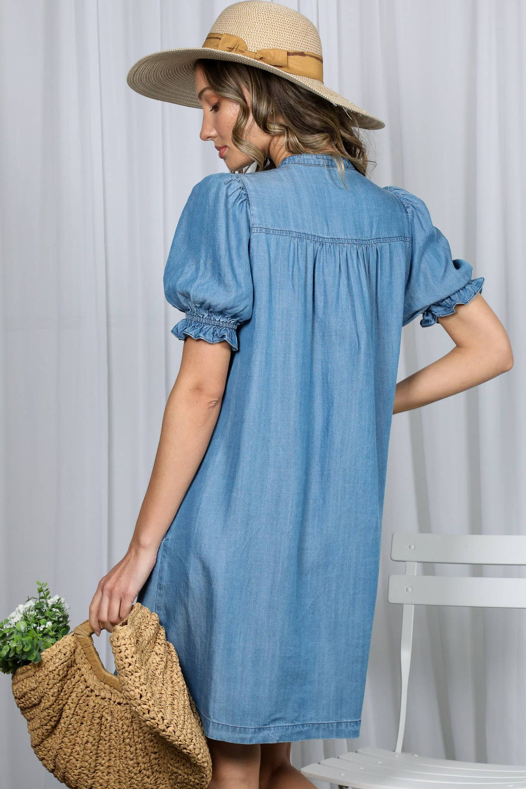 Ruffle Detail Chambray Tencel Mini Dress