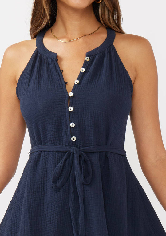 Sleeveless Button-Front Mini Dress with Waist Tie