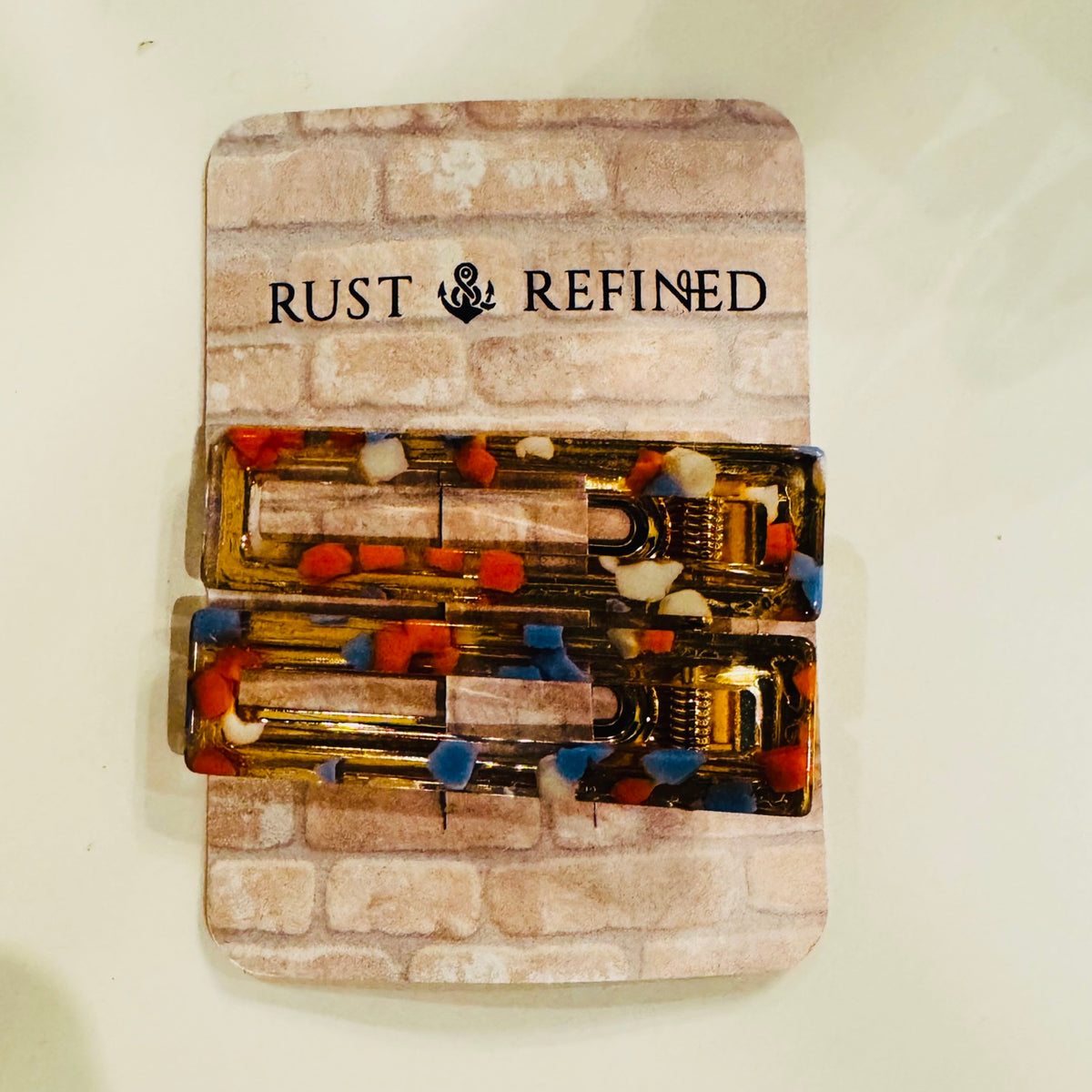 Confetti Hair Clip Set on Rust and Refined display card