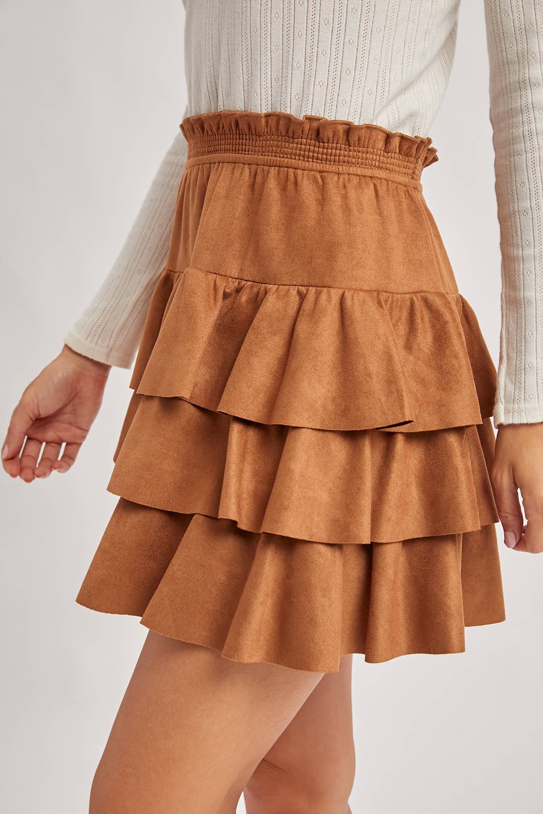 FAUX SUEDE TIERED RUFFLE PAPERBAG WAISTBAND MINI SKIRT