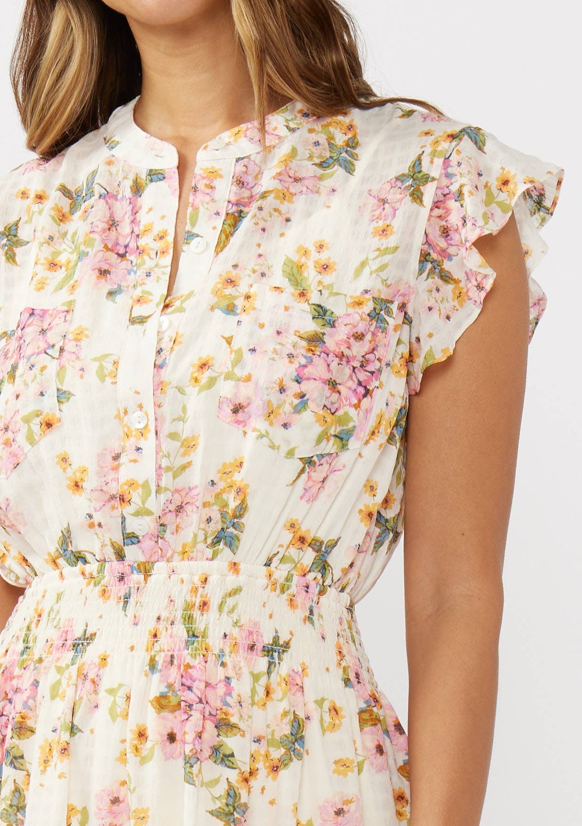 Floral Flutter Sleeve Smocked Mini Dress, view 4