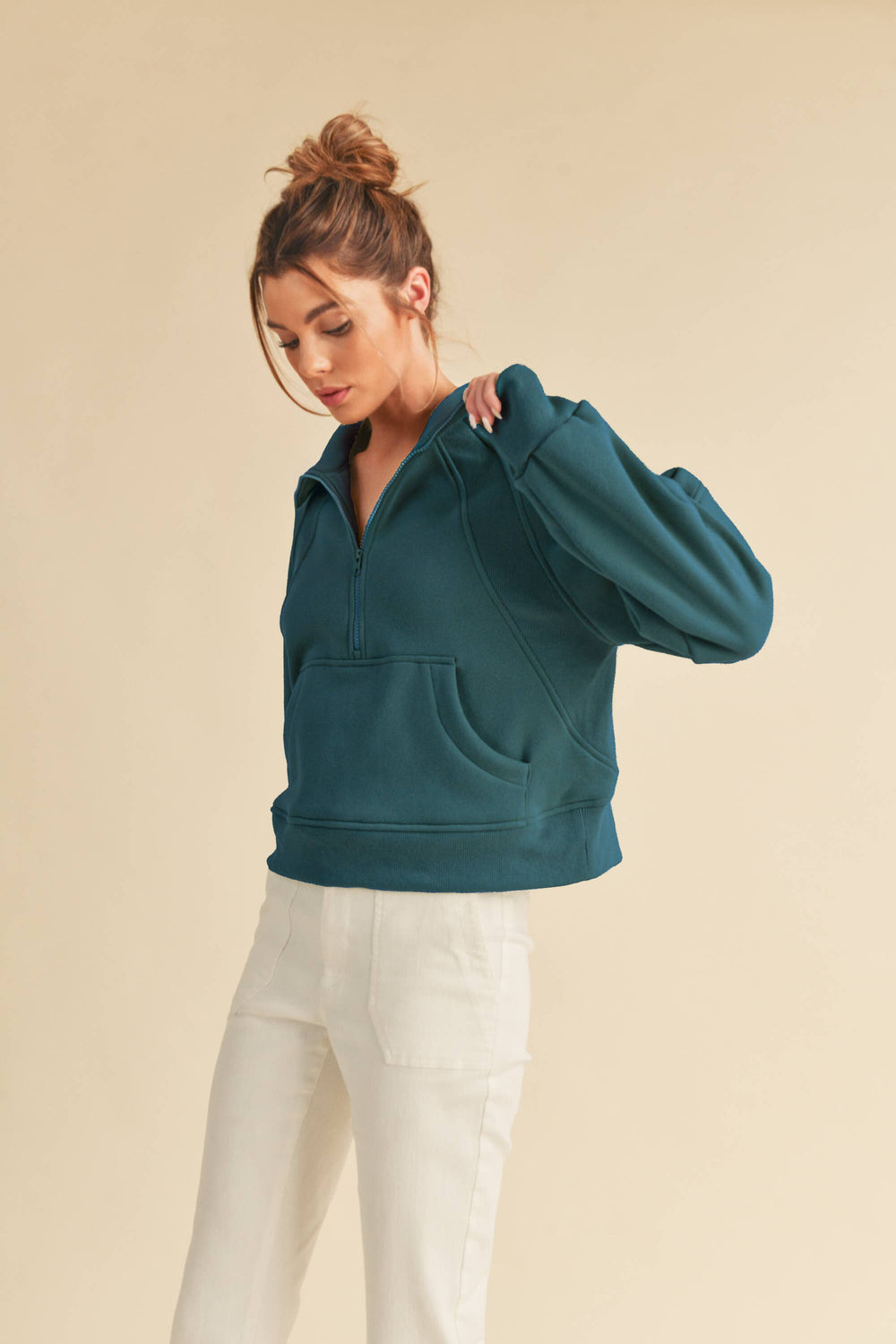 AEMI + CO - Dove Funnel Neck Half Zip Pullover Teal