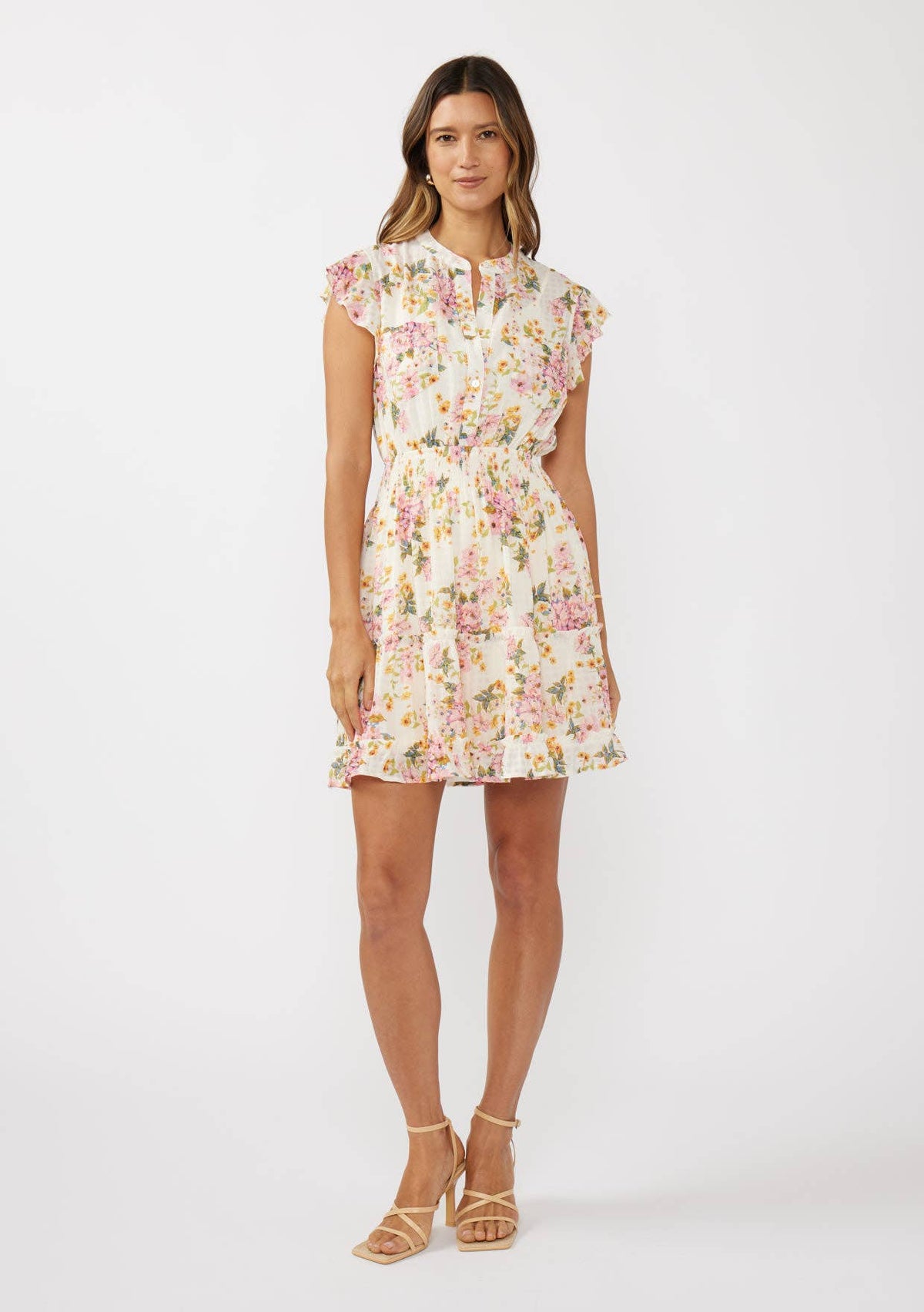 Floral Flutter Sleeve Smocked Mini Dress, view 5