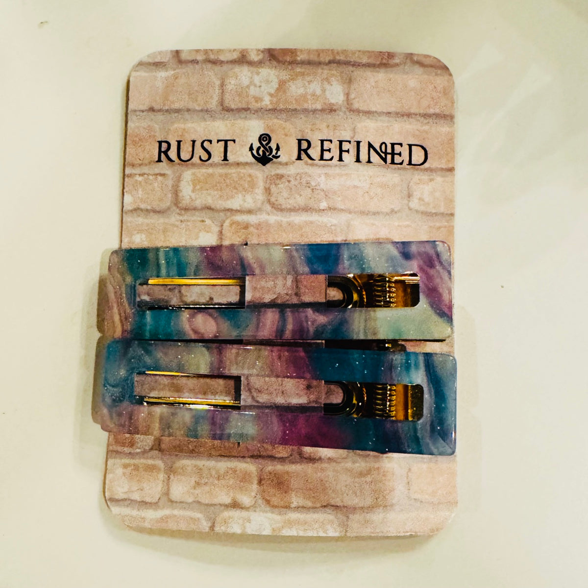 Blue Marble Hair Clip Set on Rust and Refined display card