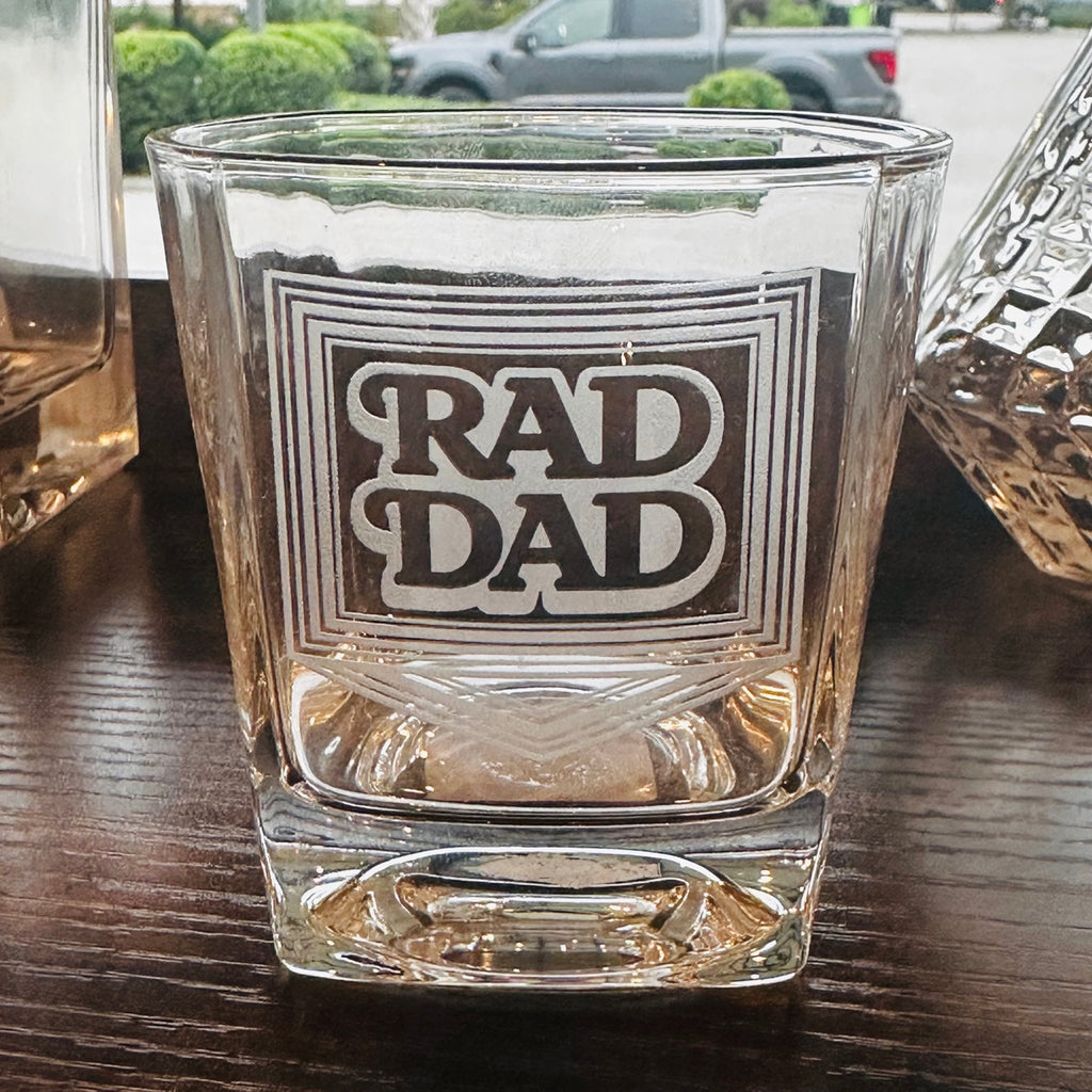 Rad Dad whiskey glass with etched design