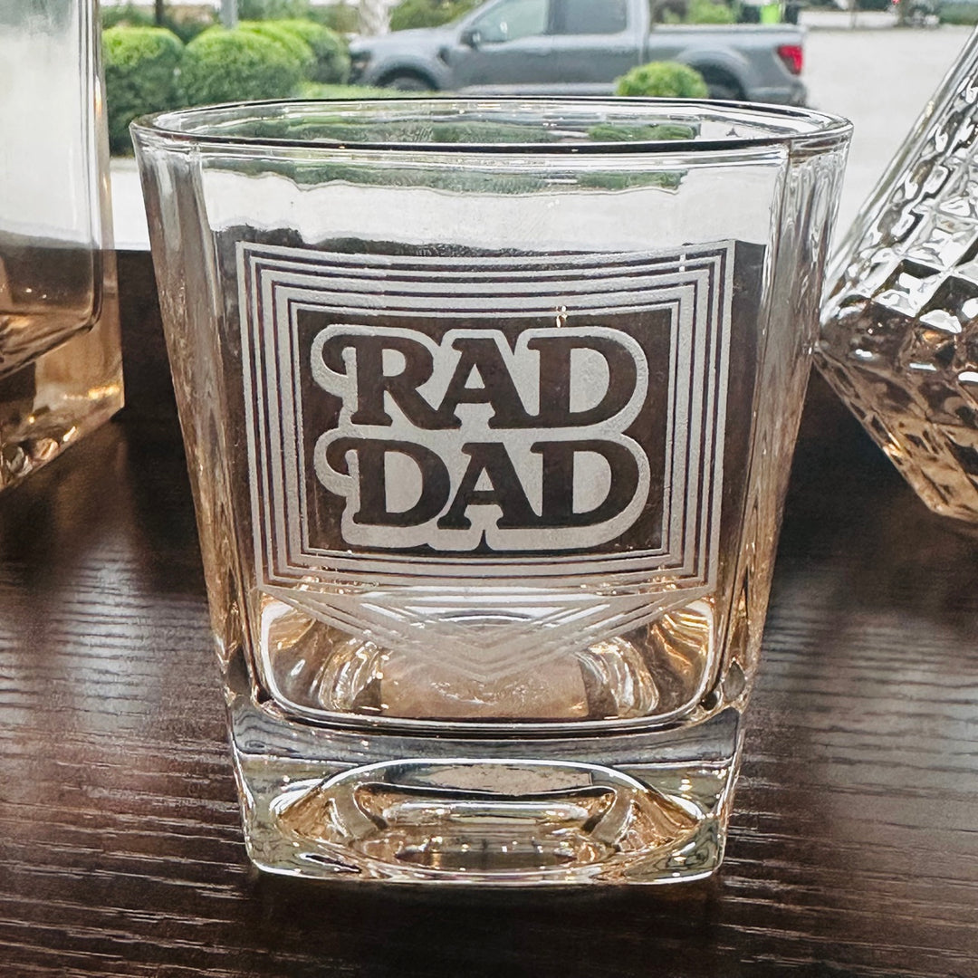 Rad Dad whiskey glass with etched design