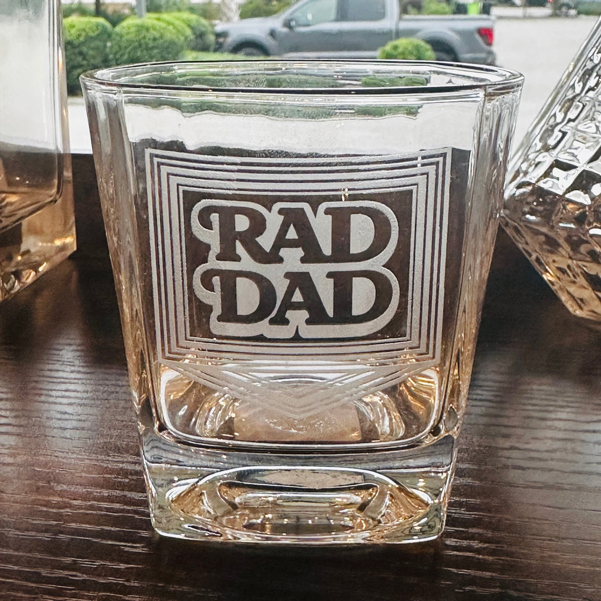 Rad Dad whiskey glass with etched design