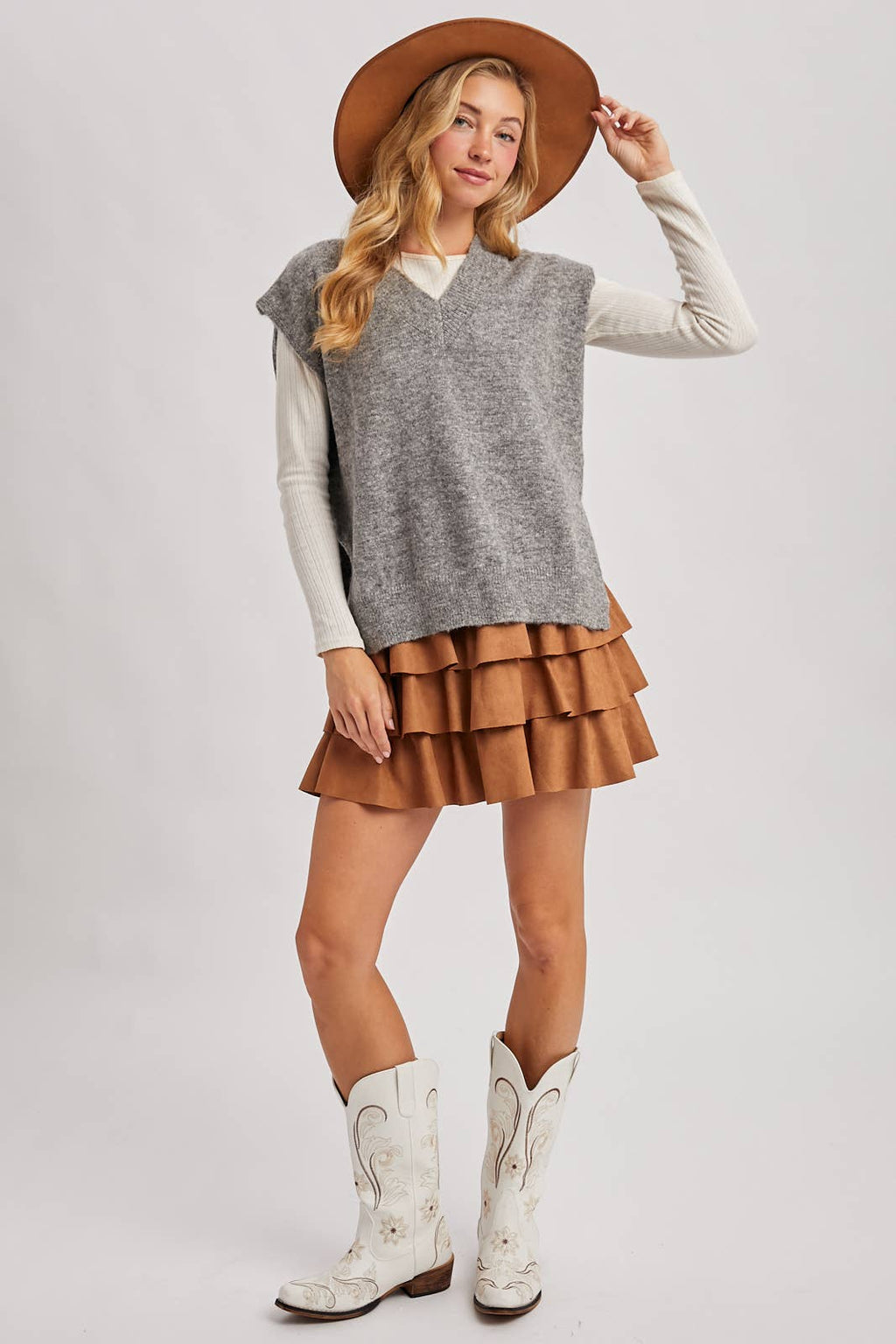 FAUX SUEDE TIERED RUFFLE PAPERBAG WAISTBAND MINI SKIRT, view 9