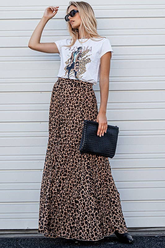 Leopard Animal Print Pleated Midi Skirt