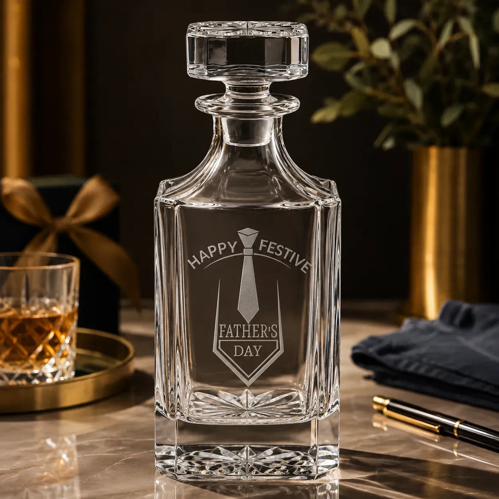 Custom engraved glass decanter with a Father's Day design on a marble bar